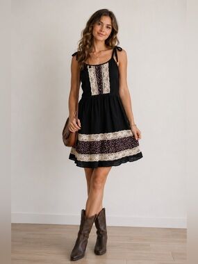 Dejavu Black Dress with Lace and Floral Accent